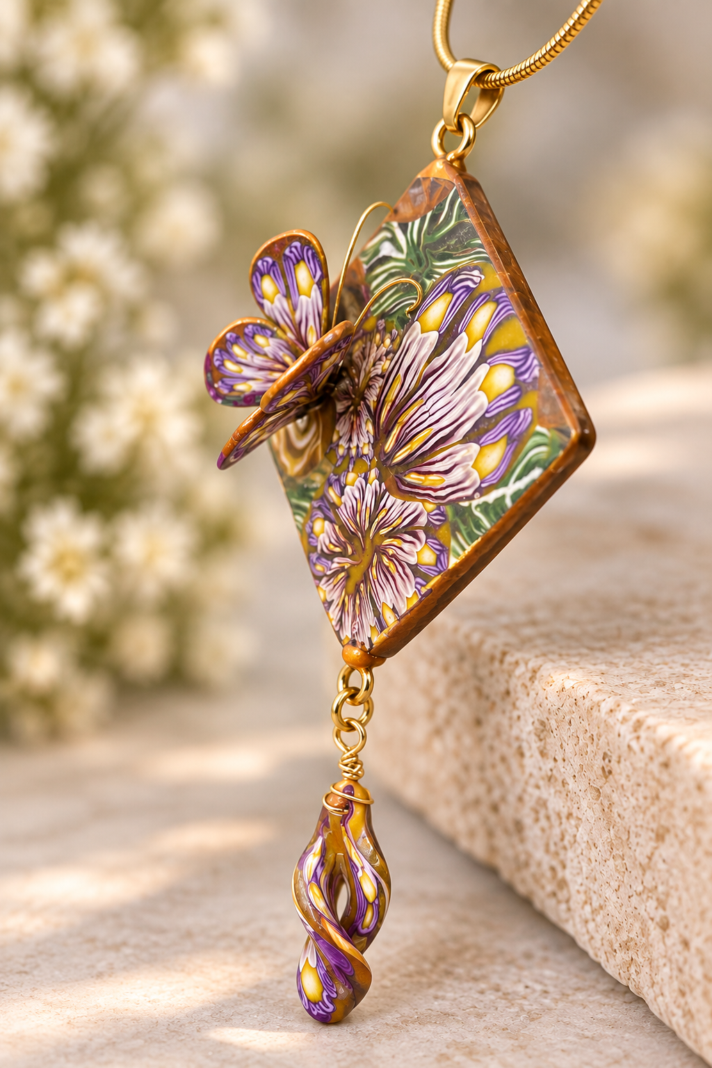 A close-up of a diamond-shaped pendant necklace with a butterfly and floral design in purple, gold, and green, hanging from a gold chain against a softly blurred outdoor background.
