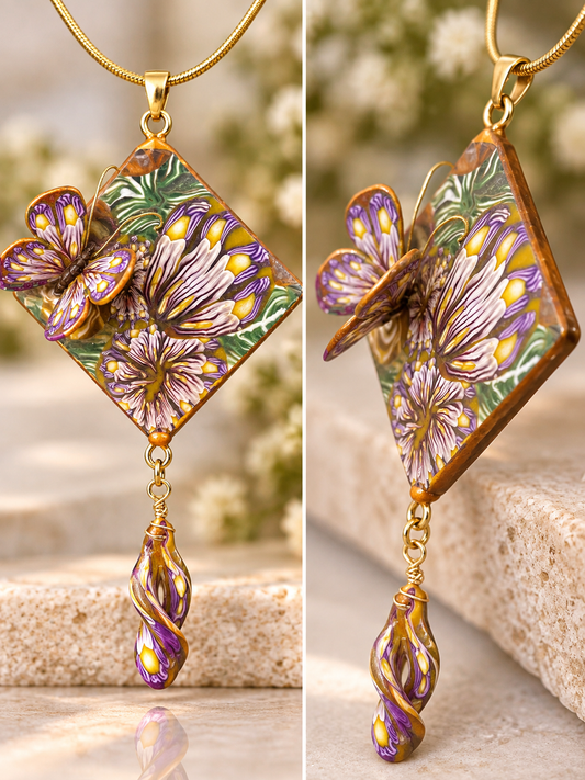 A gold-tone necklace with a square pendant featuring purple and white floral artwork, green leaves, and butterfly embellishments, shown in a split view against a softly blurred beige stone background.