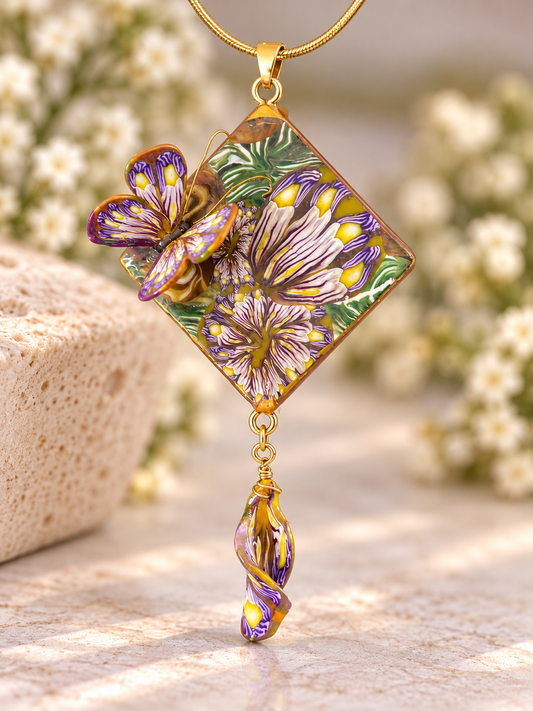A gold pendant necklace featuring a square floral design with a butterfly and dangling charm, decorated with purple, green, and yellow enamel details, set against a soft-focus background of white flowers.