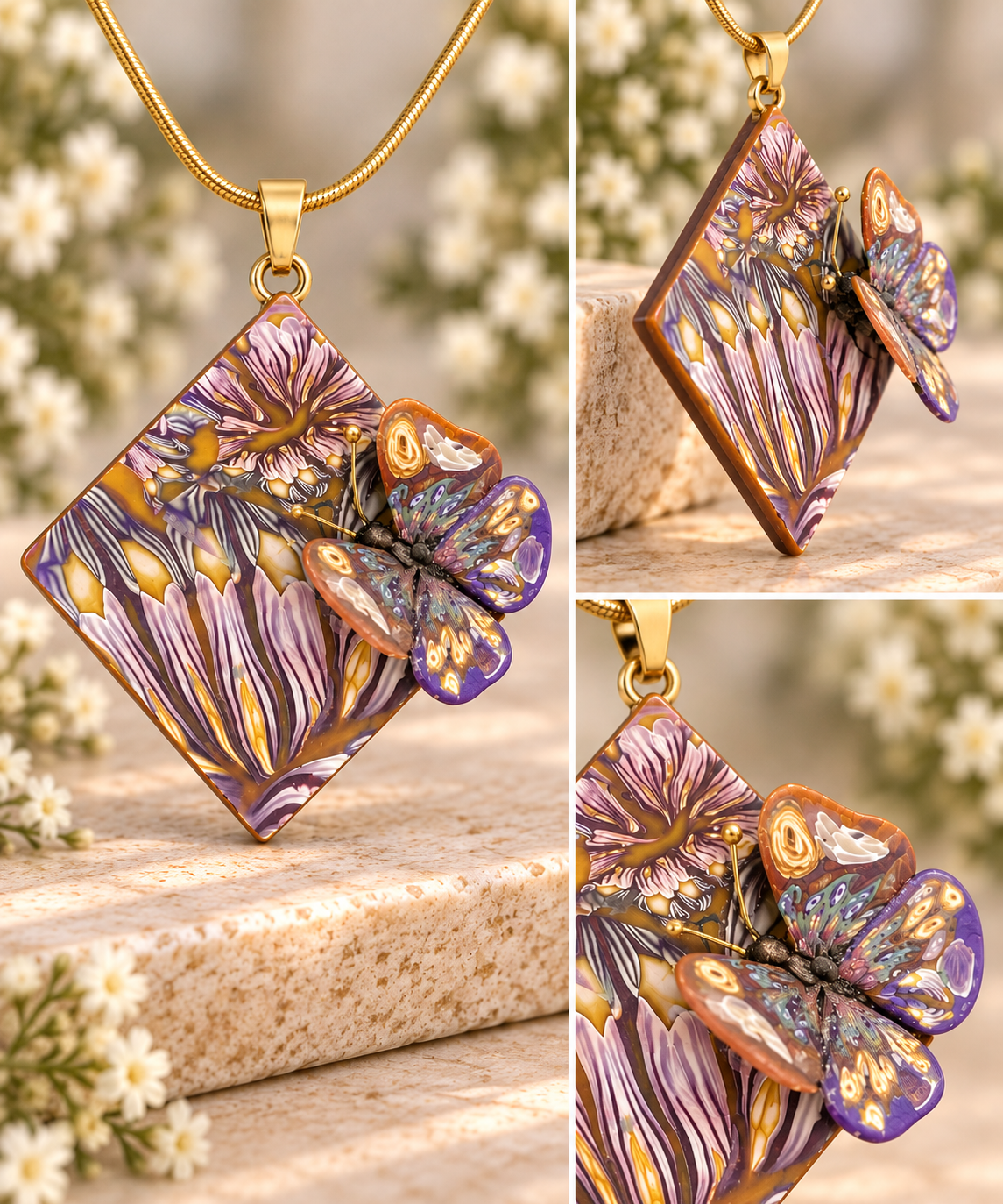 A gold-tone pendant necklace with a diamond-shaped charm featuring purple, lavender, and gold floral and butterfly artwork, shown in a three-panel collage on a beige stone surface with blurred white flowers in the background.